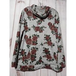 SJS Pullover‎ Womens 2X Gray Rose Floral Print Cowl Neck Sweatshirt Pocket Top